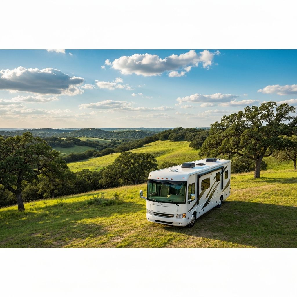 Motorhome in scenic Texas Hill Country landscape